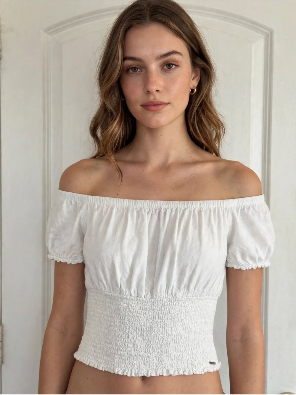 Guess White One-Shoulder Smocked Waist Top